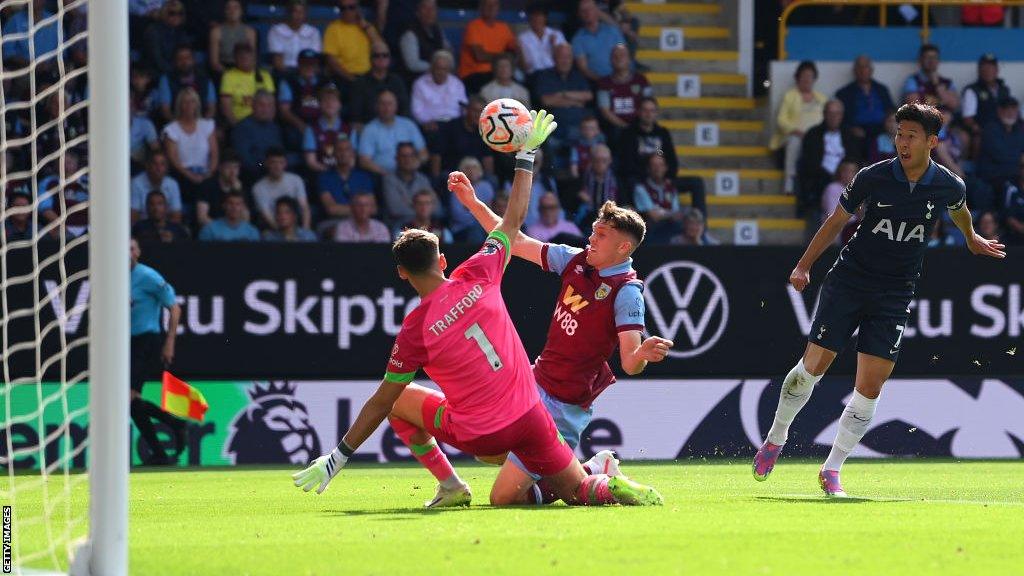 Son Heung-min scores for Tottenham in Spurs' Premier League game against Burnley at Turf Moor.