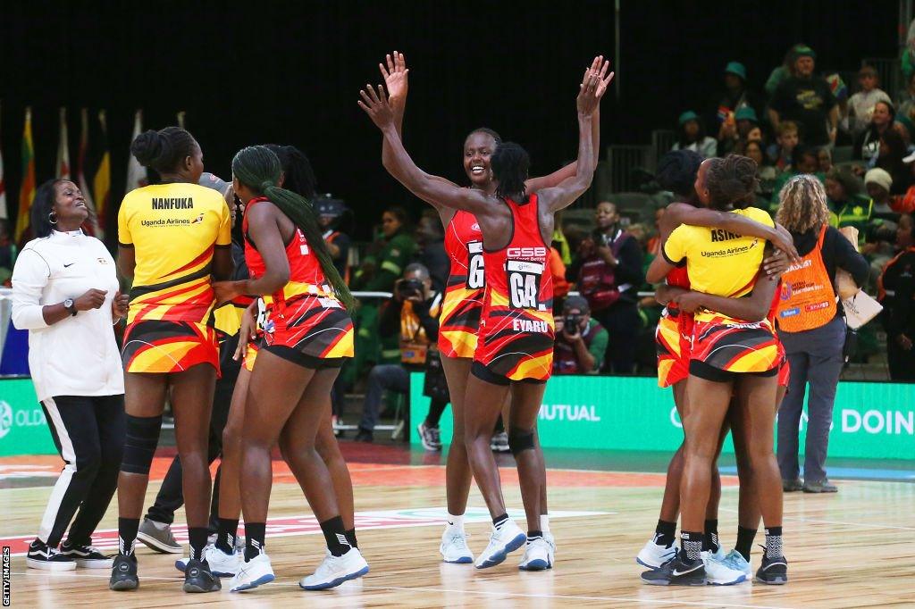 Uganda celebrate beating South Africa at the 2023 World Netball Cup