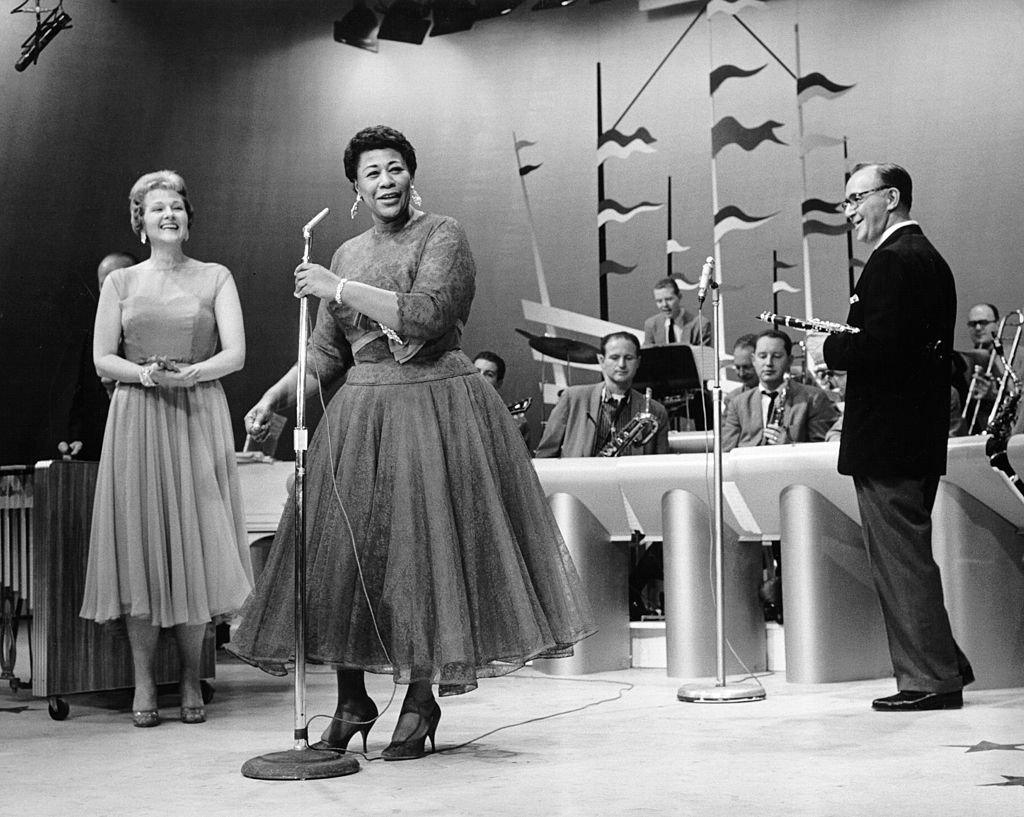 Jazz legend Ella Fitzgerald (centre) performing with Benny Goodman (right) and his orchestra
