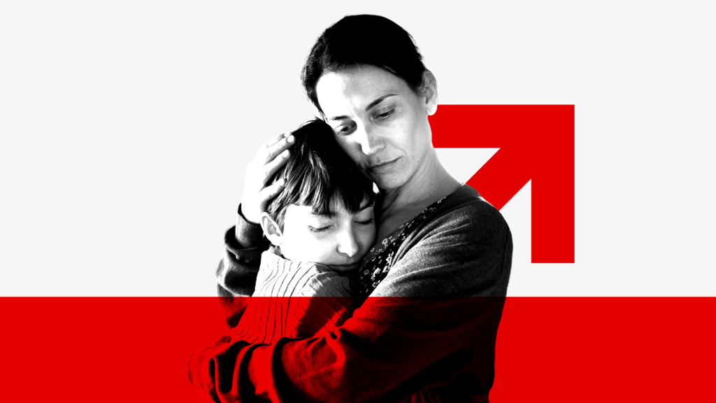 Design image showing woman embracing a boy with a red arrow in the background pointing upwards