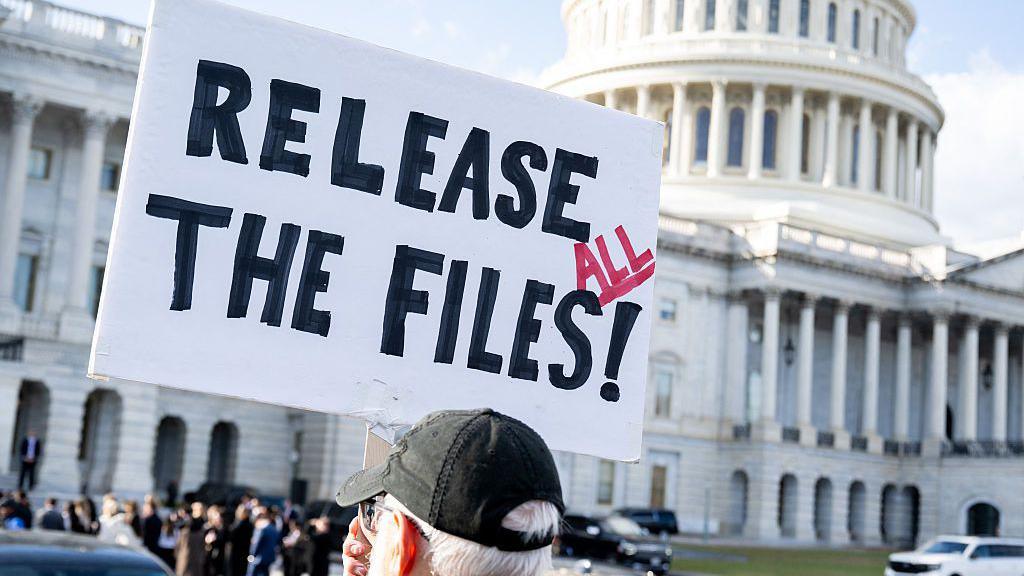 Man holding a sign that says "release all the files" with a black hat on standing outside the US Capitol on 12 November.