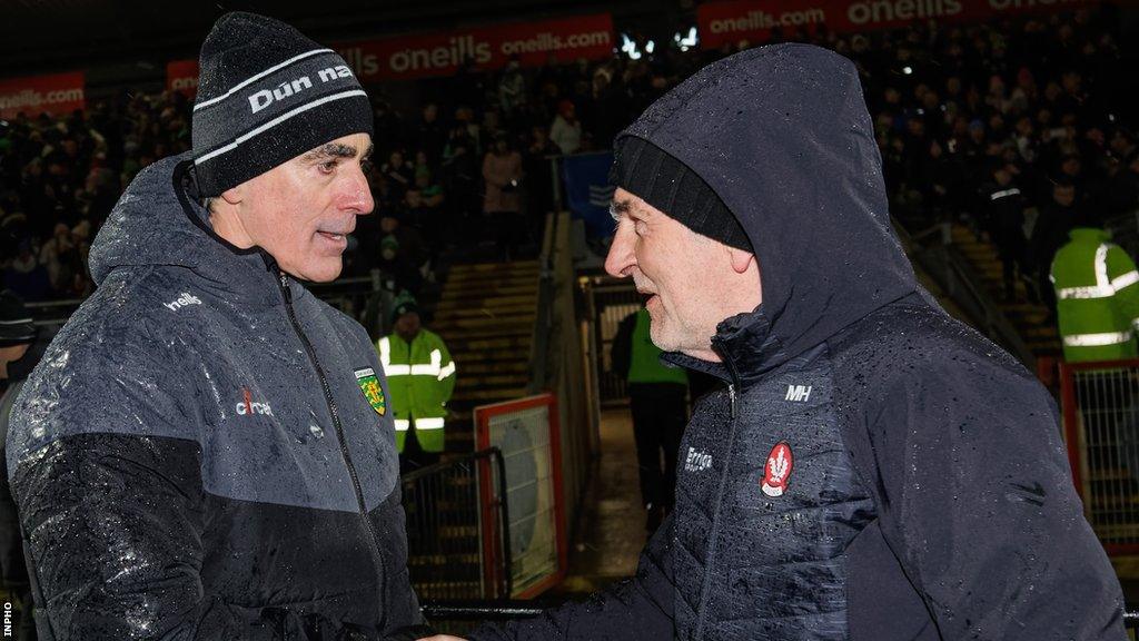 McGuinness and Harte shake hands after the Dr McKenna Cup final in January