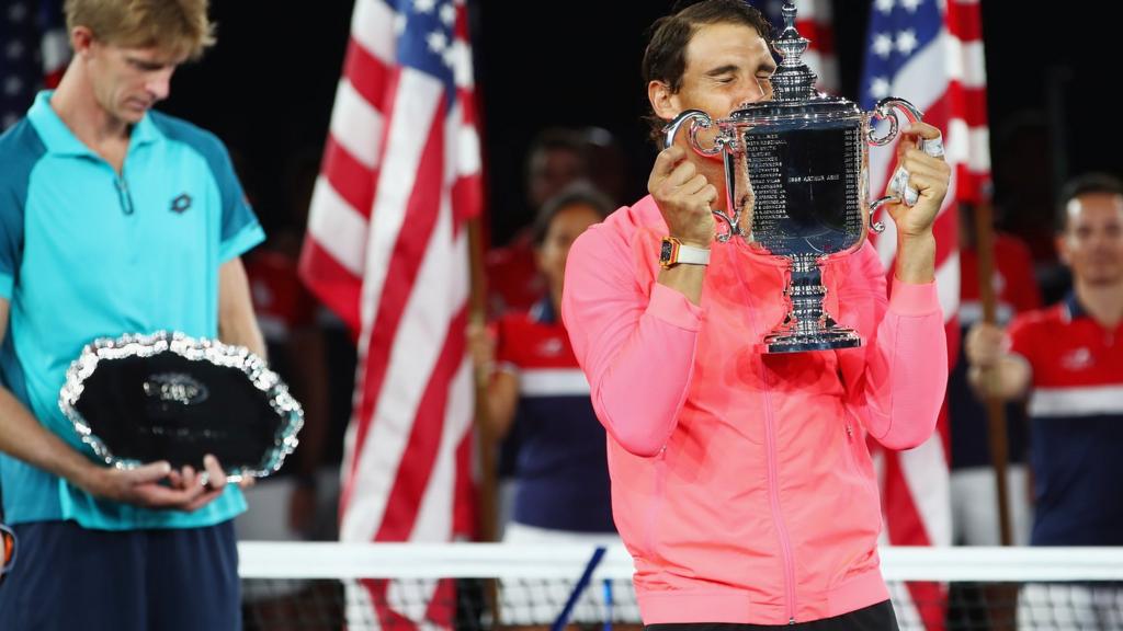 Rafael Nadal of Spain with the US Open trophy