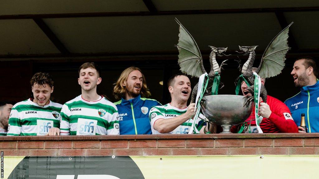 New Saints players celebrate winning the Cymru Premier in 2023