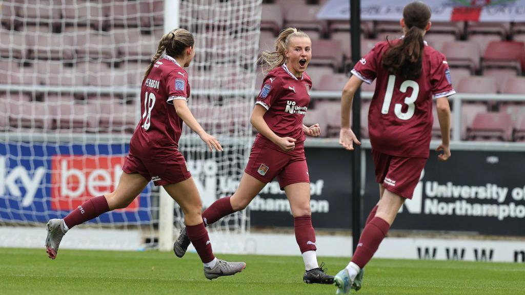 Jemima Footitt of Northampton Town celebrates after scoring her side's first goal during the FA Women's National League Division One Midlands match between Northampton Town and Barnsley at Sixfields on 6 October, 2024