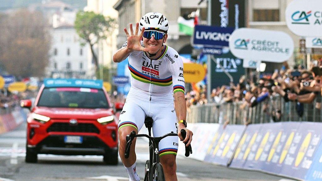 Tadej Pogacar crosses the line of the Il Lombardia in Bergamo