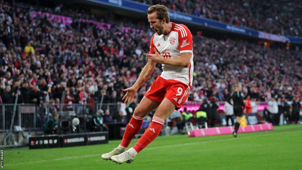 Harry Kane celebrates scoring a goal for Bayern Munich