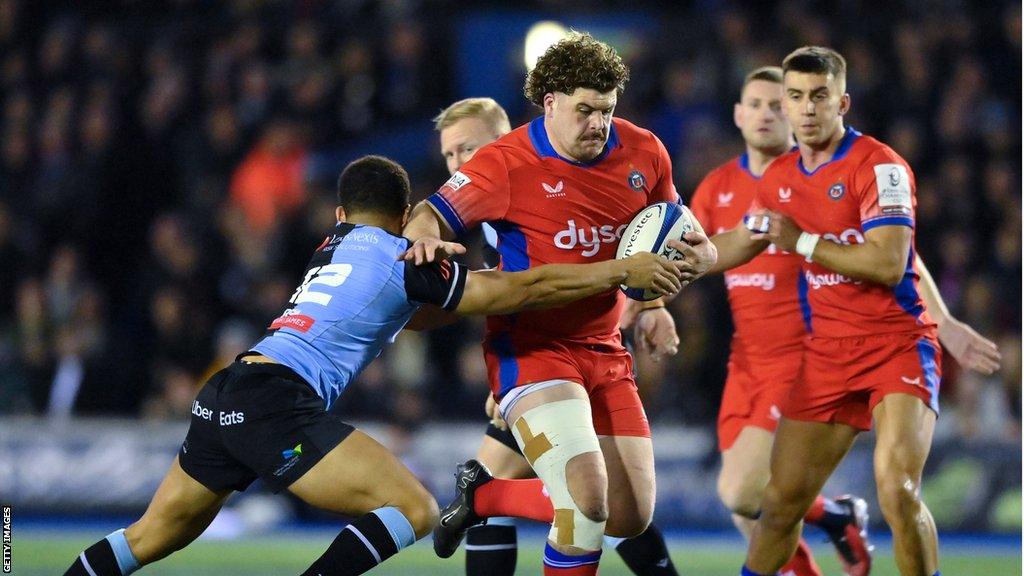 Alfie Barbeary is tackled with the ball during Bath's match against Cardiff