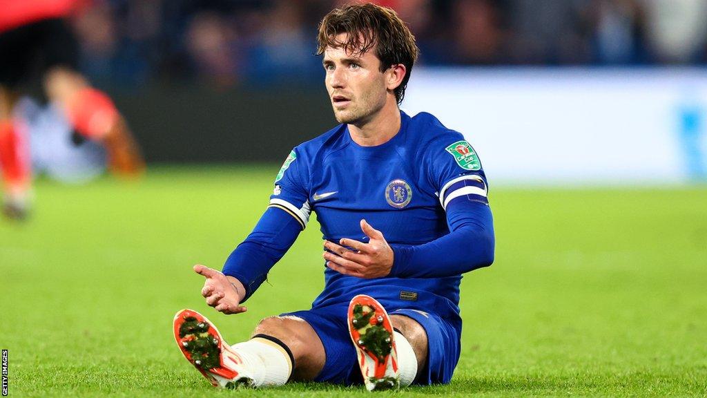 Ben Chilwell sitting on the pitch during the Brighton game on Wednesday