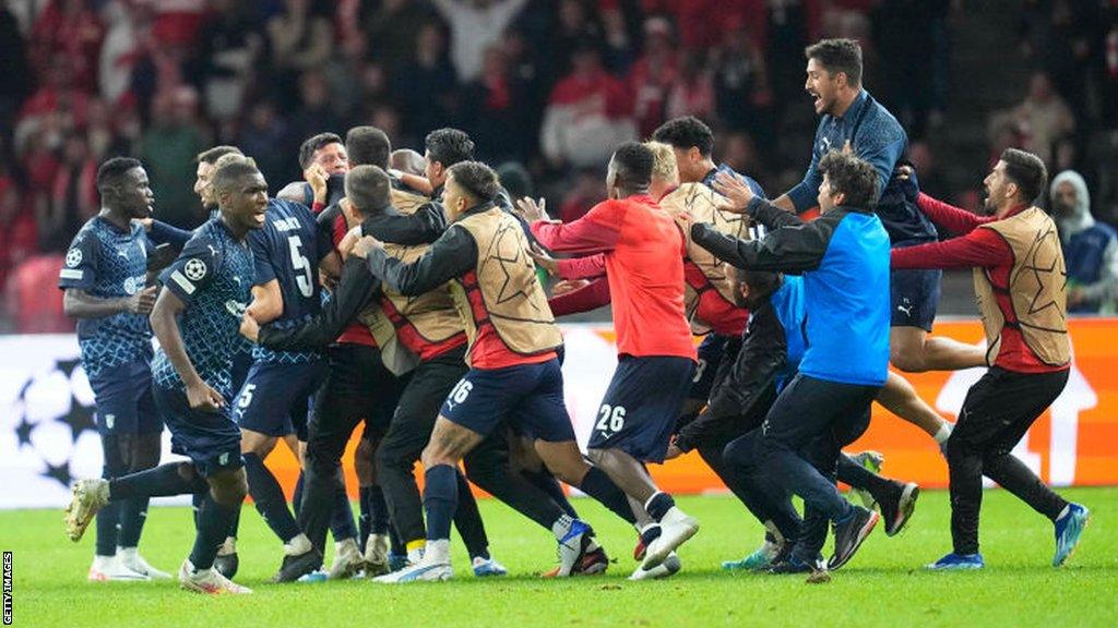 Braga players celebrate their Champions League victory over Union Berlin