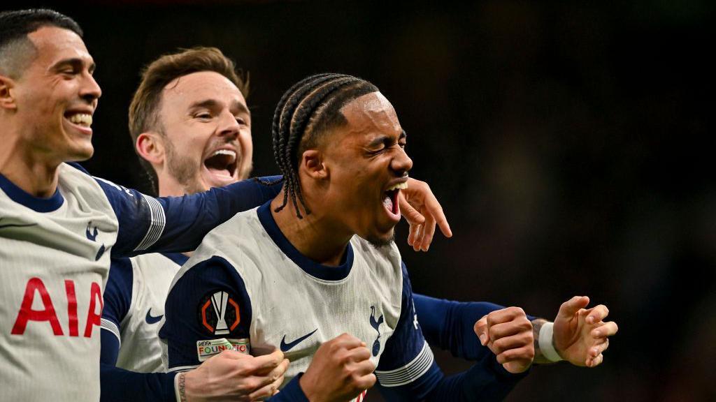 Wilson Odobert celebrating after scoring Tottenham's third goal.