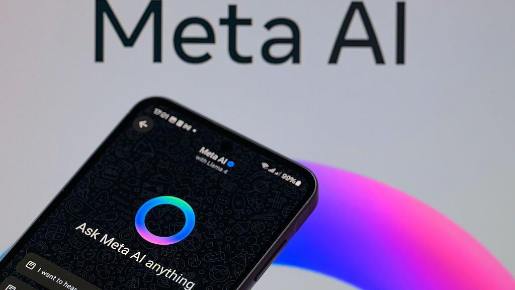 A black smartphone displaying Meta AI is shown next to a background of a post for Meta AI