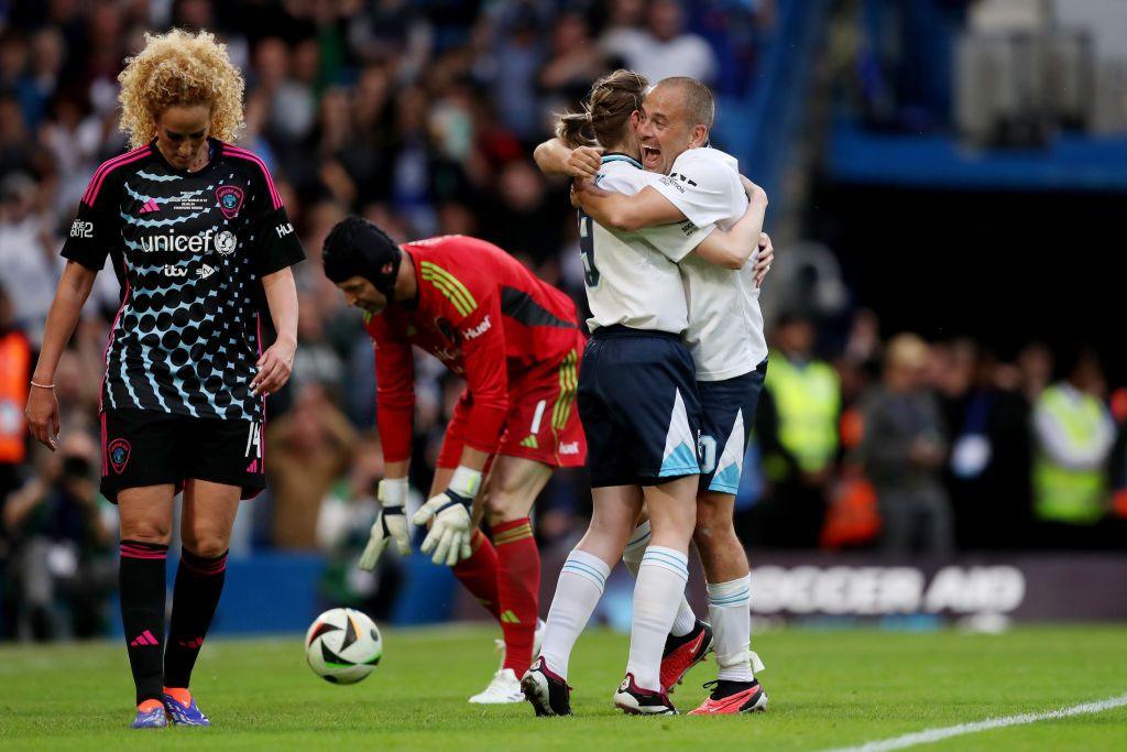 Ellen White and Joe Cole, celebrating