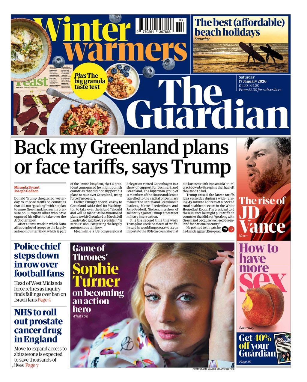“Mbështetni planet e mia për Groenlandën ose përballuni me tarifa, thotë Trump”, shkruhet në titullin kryesor të faqes së parë të gazetës Guardian.