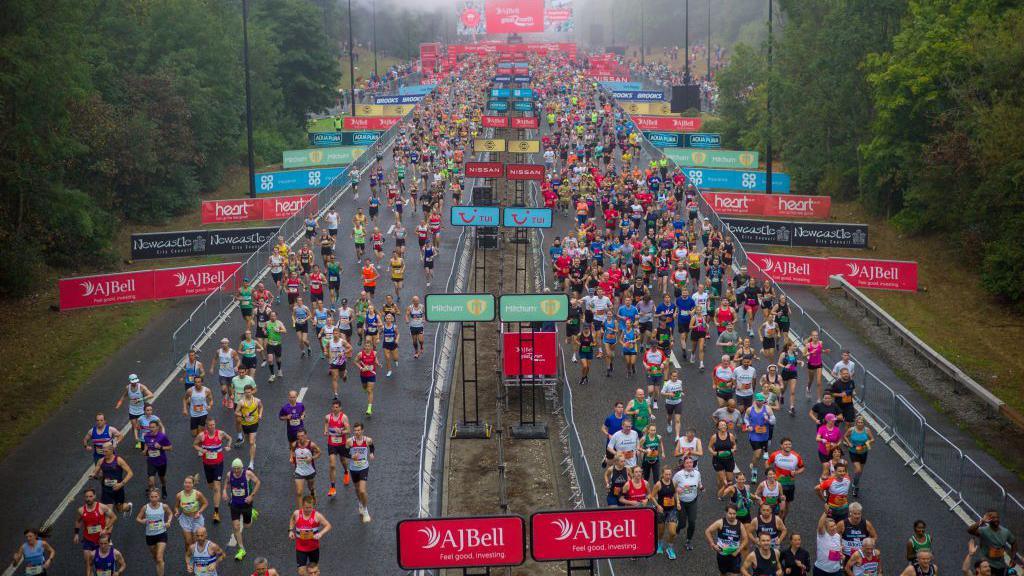 Runners cross the start line of the AJ Bell Great North Run on September 08, 2024 in Newcastle upon Tyne, England. 