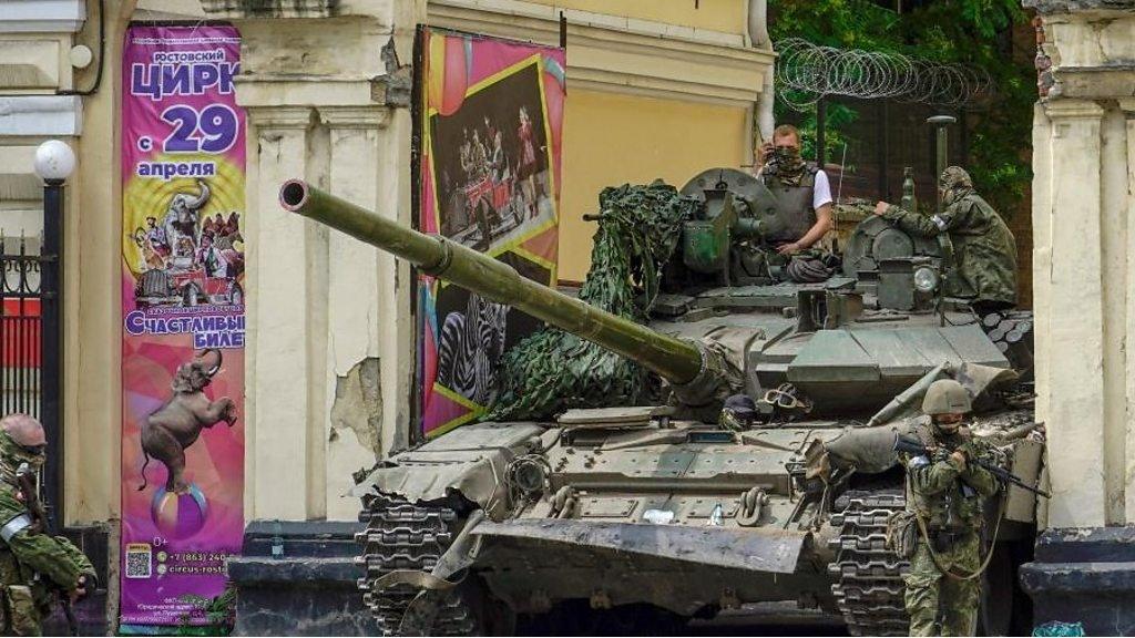 Wagner servicemen on a tank in Rostov-on-Don, Russia, 24 June 2023