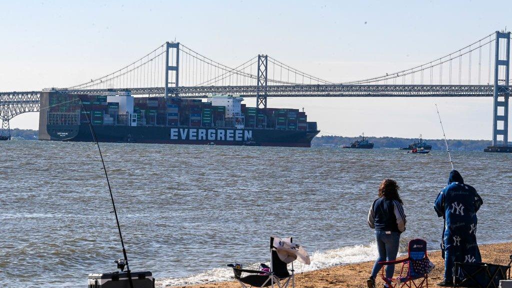 The Ever Forward vessel near the Chesapeake Bay Bridge