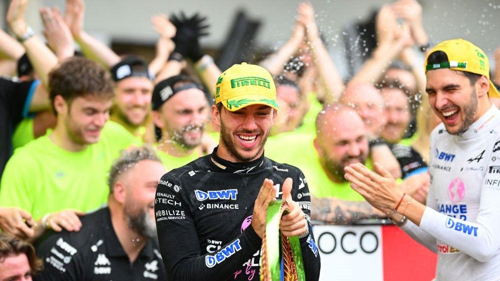 Pierre Gasly and Esteban Ocon celebrate Alpine's performance in the Sao Paulo Grand Prix 