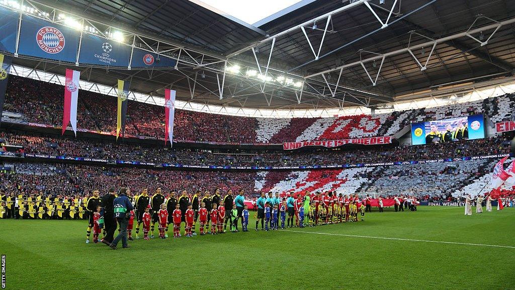 Bayern Munich and Borussia Dortmund players line up before the 2013 Champions League final at Wembley