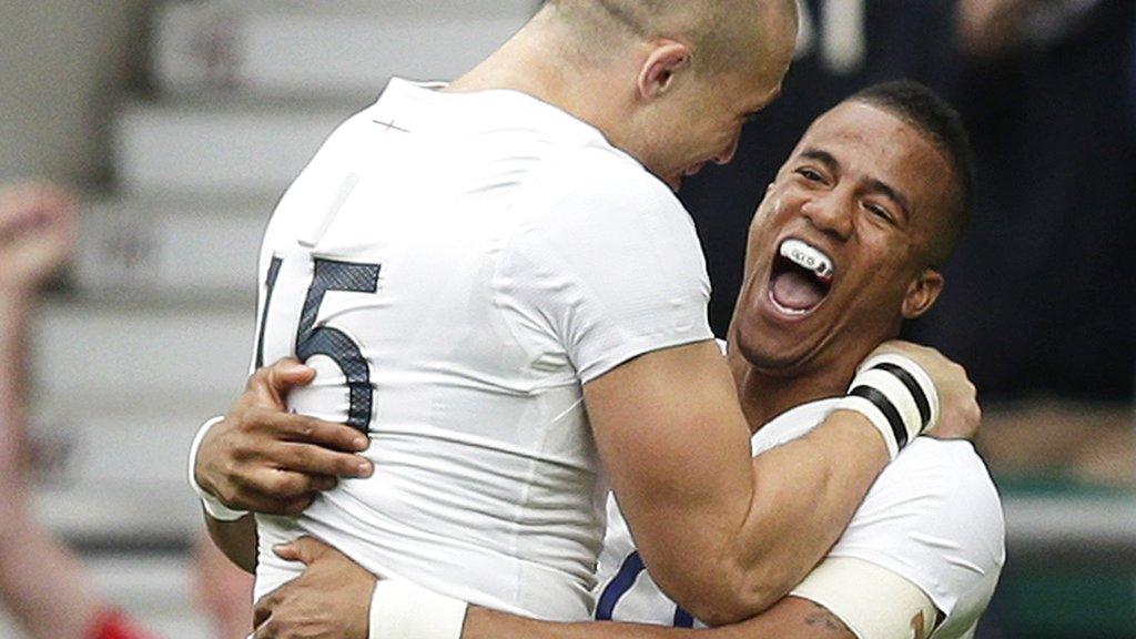 England's Mike Brown congratulates Anthony Watson on his try