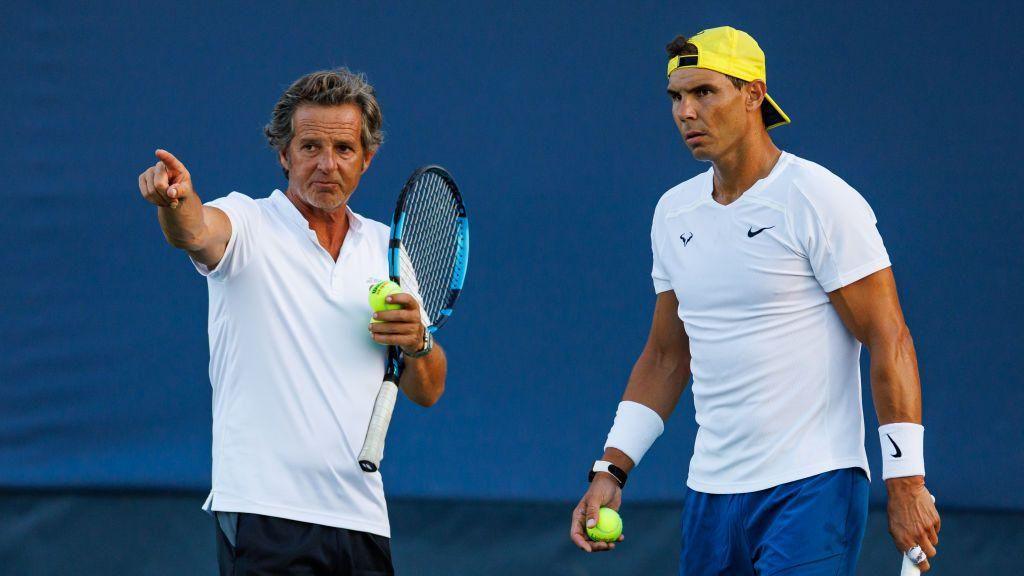 Rafael Nadal of Spain practises with Francisco Roig