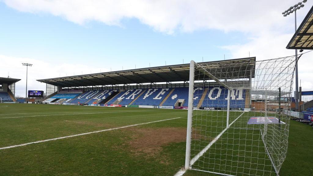 Colchester United's Jobserve Community stadium from the football pitch.