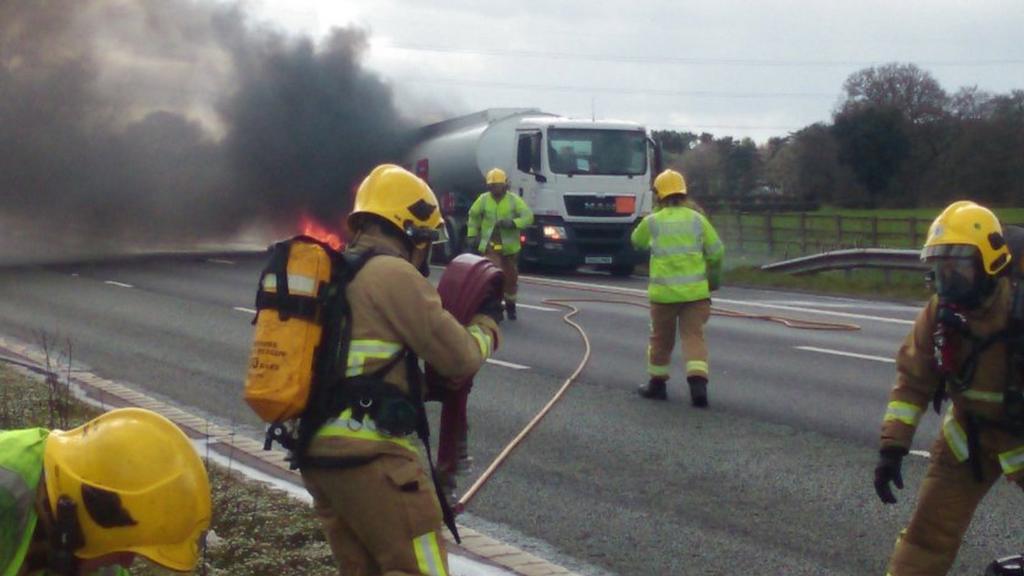 Tanker on fire on M6