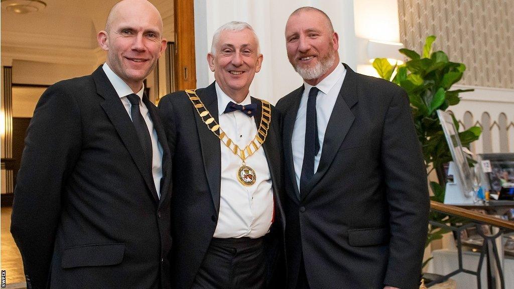 From left, new RFL CEO Tony Sutton, RFL president Sir Lindsay Hoyle and former RFL CEO Ralph Rimmer