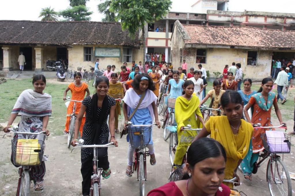 Girls coming of High School Desari in Vaishali district in Bihar on the bicycles provided under the cycle scheme of the state government. .