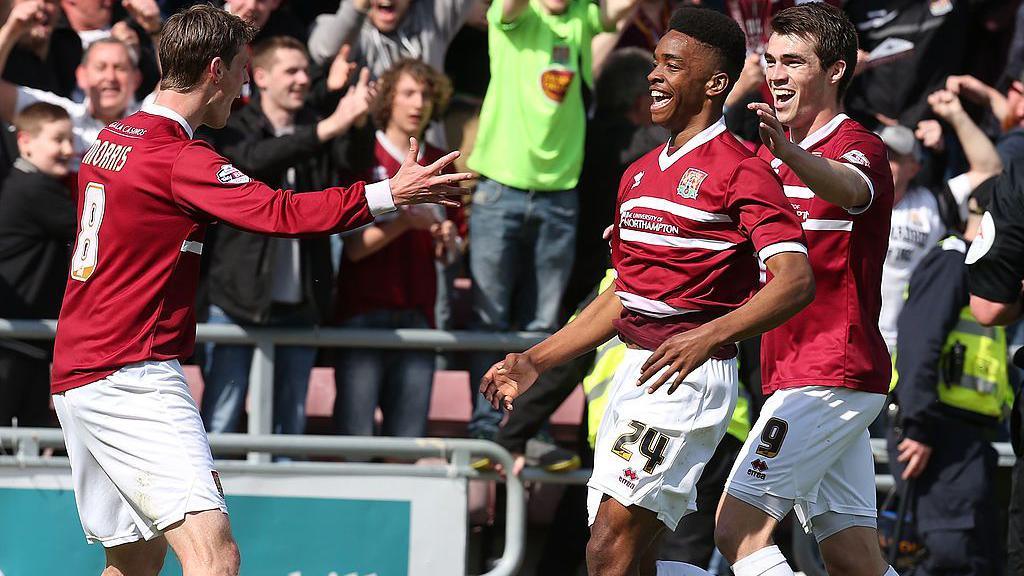 Ivan Toney of Northampton Town celebrates after scoring his side's second goal during the Sky Bet League Two match between Northampton Town and Oxford United at Sixfields Stadium on May 3, 2014