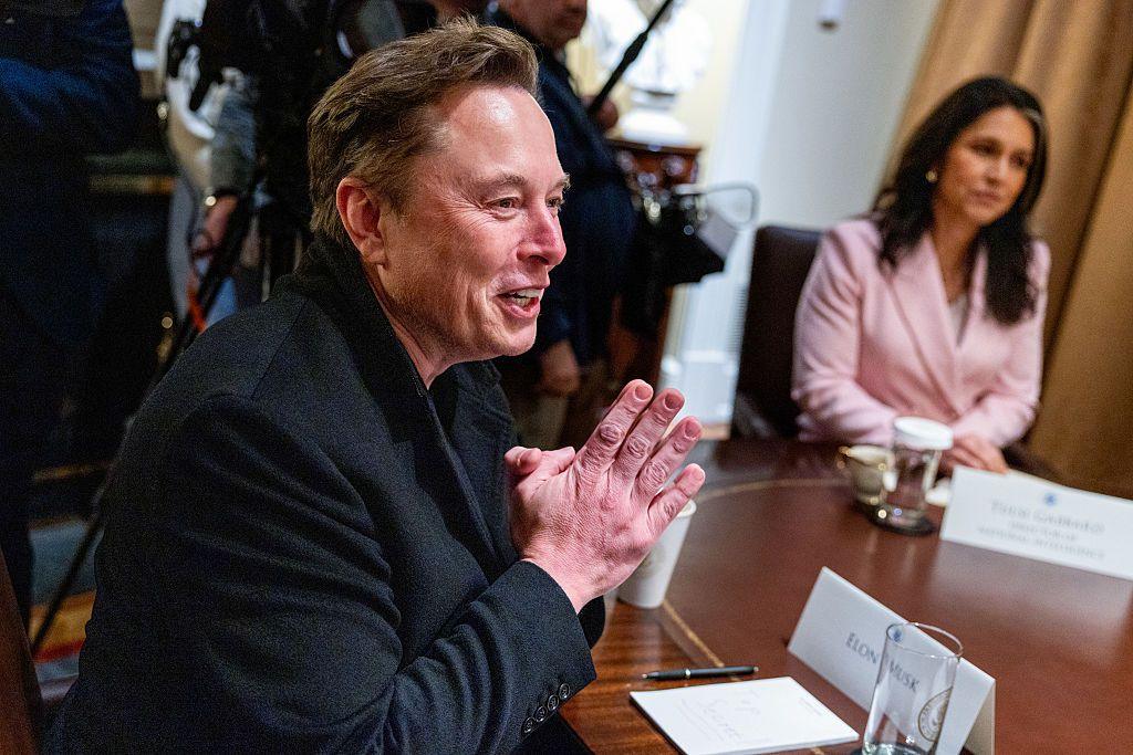 Elon Musk sits at a desk during a White House cabinet meeting, wearing a black blazer. He smiles and has his hands pressed together.