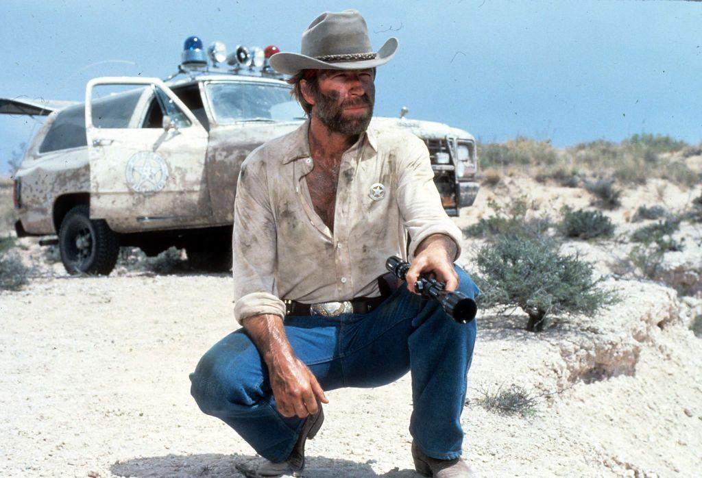  Chuck Norris a renegade Texas Ranger in a scene from the film 'Lone Wolf McQuade', 1983.