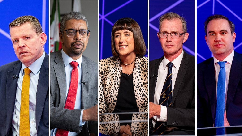 (L to R) Rhun ap Iorwerth for Plaid, Vaughan Gething for Labour, Jane Dodds for the Lib Dems, David TC Davies for the Conservatives and Oliver Lewis for Reform will take part in the debate