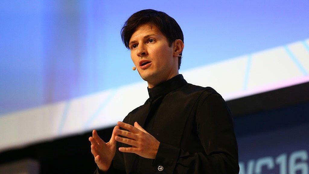 Pavel Durov delivers a keynote address on stage 