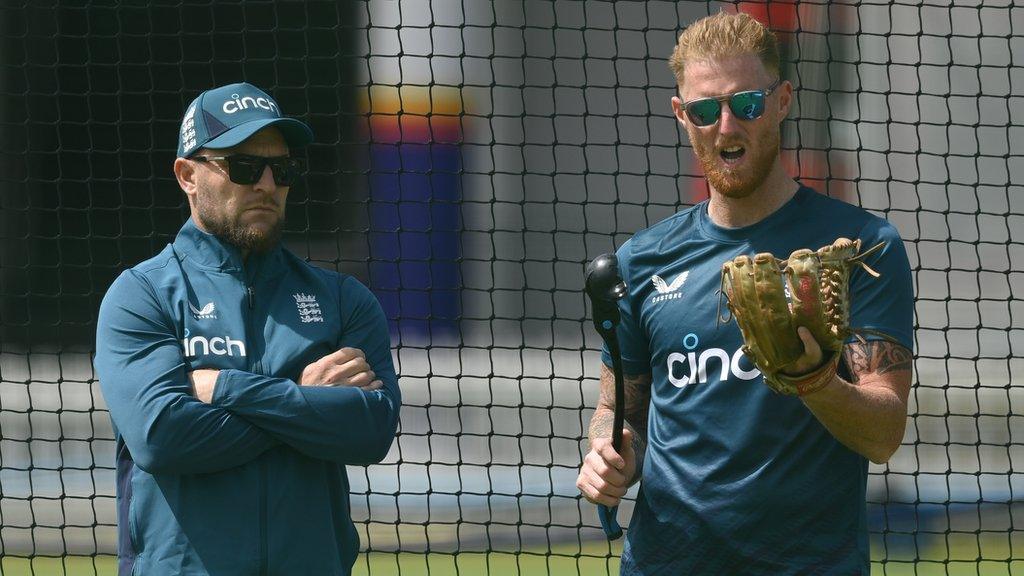 England Test captain Ben Stokes and head coach Brendon McCullum during a training session at Lord's ahead of the game against Ireland