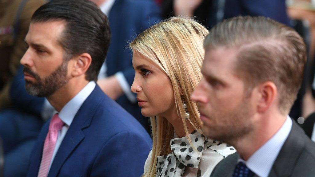 Donald Trump Junior, Ivanka Trump and Eric Trump pictured at a 2019 press conference