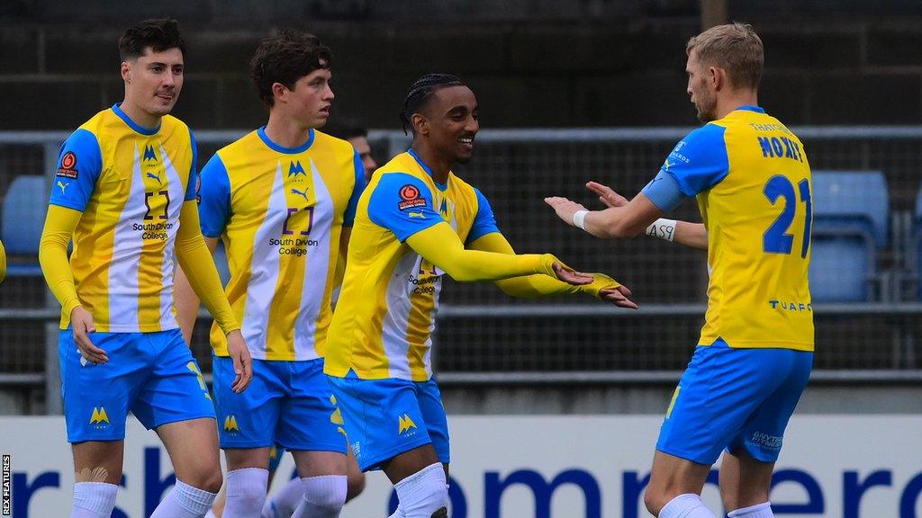 Torquay United celebrate a goal against Yeovil Town