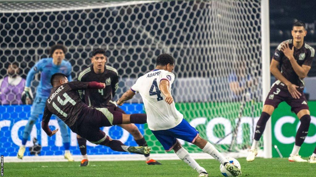 Tyler Adams scores a goal against Mexico