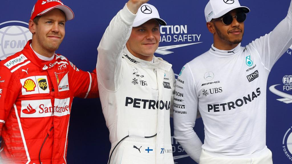 Sebastian Vettel, Valtteri Bottas and Lewis Hamilton