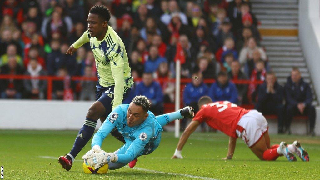 Nottingham Forest's Keylor Navas in action with Leeds United's Luis Sinisterra