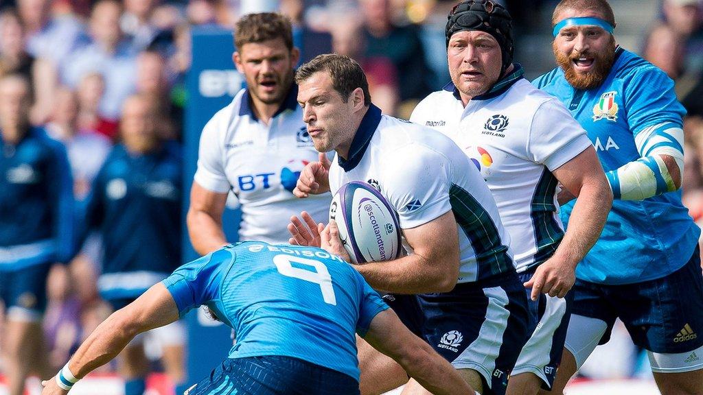 Scotland's Tim Visser is tackled at Murrayfield in Saturday's warm-up win