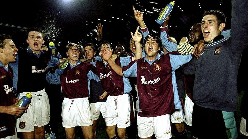 Michael Carrick celebrates winning the FA Youth Cup with West Ham in 1997