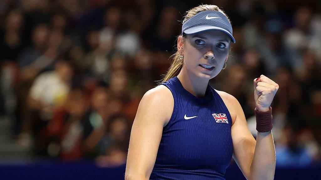 Katie Boulter celebrates after scoring a point during match 1 against Jessica Pegula of United States in the Billie Jean King Cup 