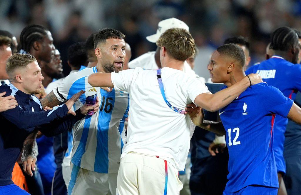 Argentina and France players clash at the end of their Olympic match