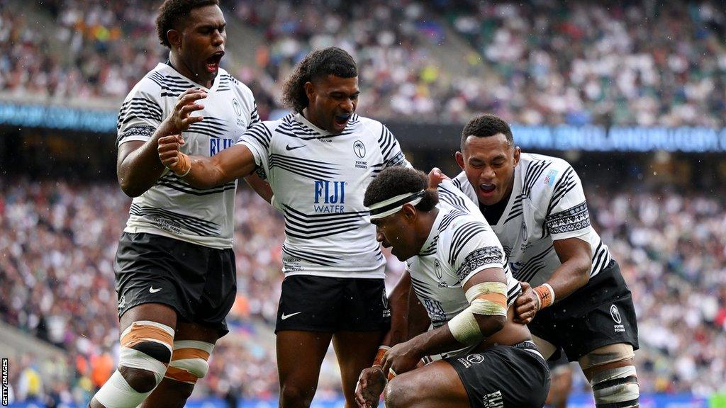 Fiji celebrate defeating England for the first time in August 2023