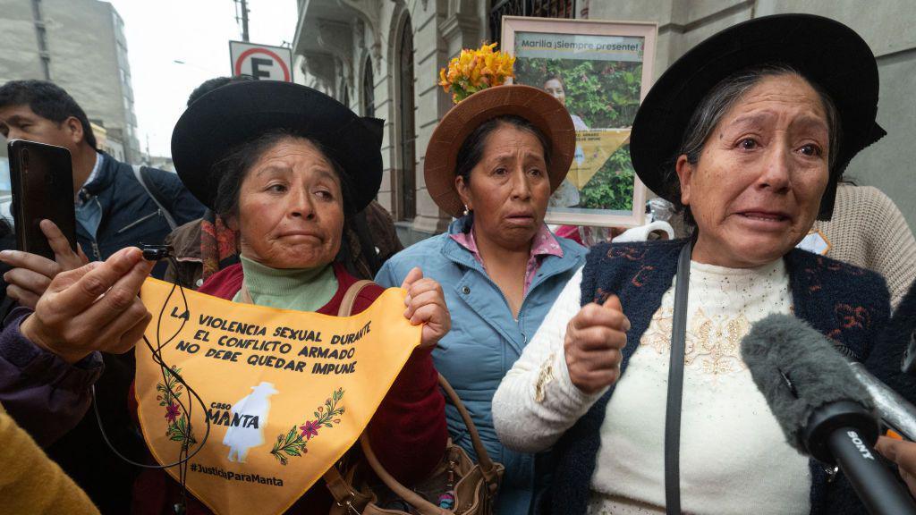 Survivors of of rape by the military gives a statement to the press after the sentencing session of the First National Superior Criminal Court in Lima on June 19, 2024