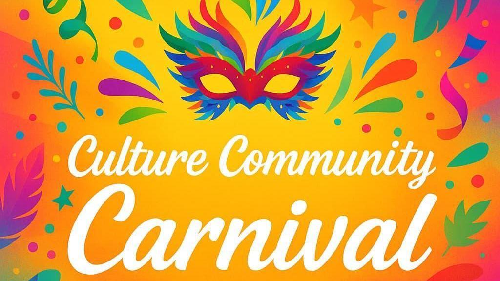 Carnival poster in shaded of yellow, orange, pink and purple with a masquerade mask on top and carnival signage in white.
