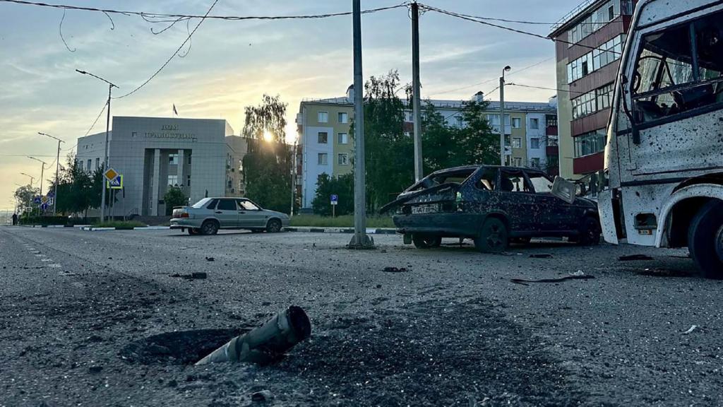 A handout photo made available by the Governor of Russia's Belgorod region Vyacheslav Gladkov on his Telegram channel shows the aftermath of Ukrainian shelling in the border town of Shebekino, Belgorod region, Russia, 31 May 2023