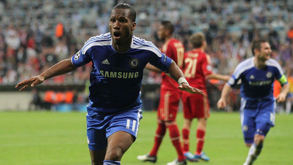 Didier Drogba celebrates after scoring against Bayern Munich