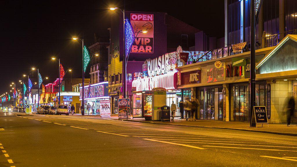 Great Yamouth seafront at night, showing restaurants and arcades